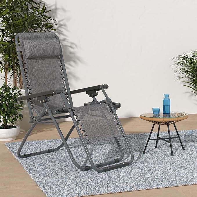 PayLessHere Set of 2 Folding Lounge Chair Adjustable Zero Gravity Chair Beach Chair Textilene Lawn Patio Chair with Removable Pillow and Cup Holder for Poolside Backyard Lawn Beach,Grey