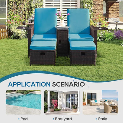 5PCS Outdoor Wicker Chaise Lounge Chair - Rattan Adjustable Reclining Patio Lounge Chair with Ottoman and Coffee Table, for Patio Beach Pool Backyard (Brown Wicker Turquoise Cushion)