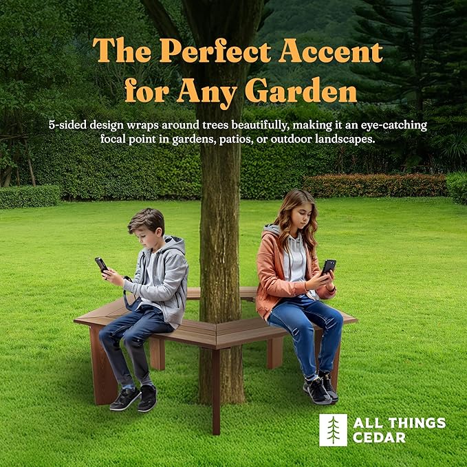All Things Cedar 52 Inch Wood Tree Bench, 5 Sided Wrap Around Outdoor Seating, Natural
