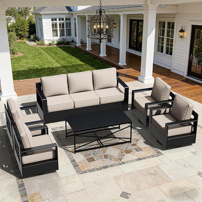 Outdoor Aluminum Furniture Set, 5-Piece Patio Conversation Set, 4 Swivel Chairs, 1 Sofa and 1 Table, All-Weather Metal Frame, 6" Thick Removable Cushions, Deep Setting for Garden, Porch