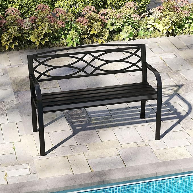 Giantex Outdoor Bench, 45.5” Patio Garden Bench with Backrest, Curved Armrests, Heavy-Duty Metal Frame, Slatted Seat, Outside Patio Seating Furniture for Backyard, Poolside, Porch, Park