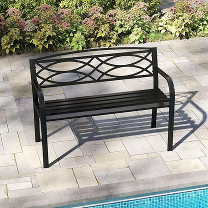 Giantex Outdoor Bench, 45.5” Patio Garden Bench with Backrest, Curved Armrests, Heavy-Duty Metal Frame, Slatted Seat, Outside Patio Seating Furniture for Backyard, Poolside, Porch, Park