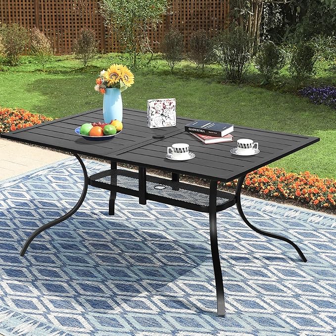 Incbruce Patio Dining Table, 60" x 37" Rectangle Metal Steel Slat Table, with 1.57" Umbrella Hole, for Backyards, Porches, Gardens or Poolside