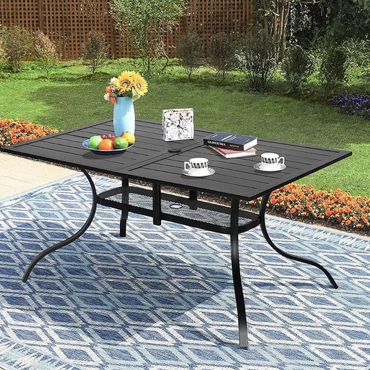 Incbruce Patio Dining Table, 60" x 37" Rectangle Metal Steel Slat Table, with 1.57" Umbrella Hole, for Backyards, Porches, Gardens or Poolside