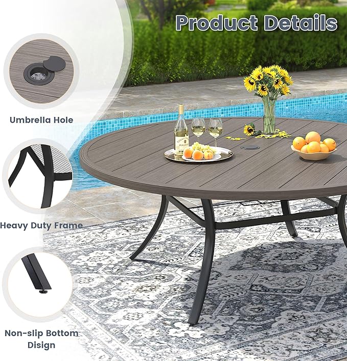 VICLLAX 63" Outdoor Patio Dining Table for 8-10, Metal Round Table with Umbrella Hole for Deck Lawn Garden Backyard, Grey