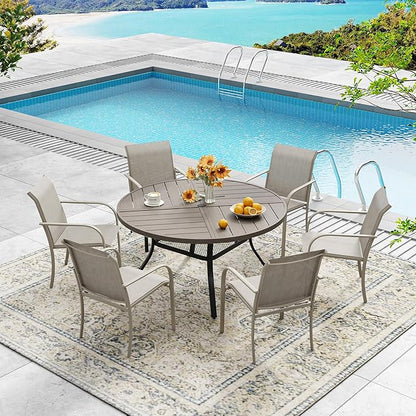 DIFY 47.2" Round Outdoor Patio Dining Table for 6, All-Weather Metal Steel Slatted Patio Table with 1.57" Adjustable Umbrella Hole, for Lawn Garden Porch Backyard, Grey Wood-Like