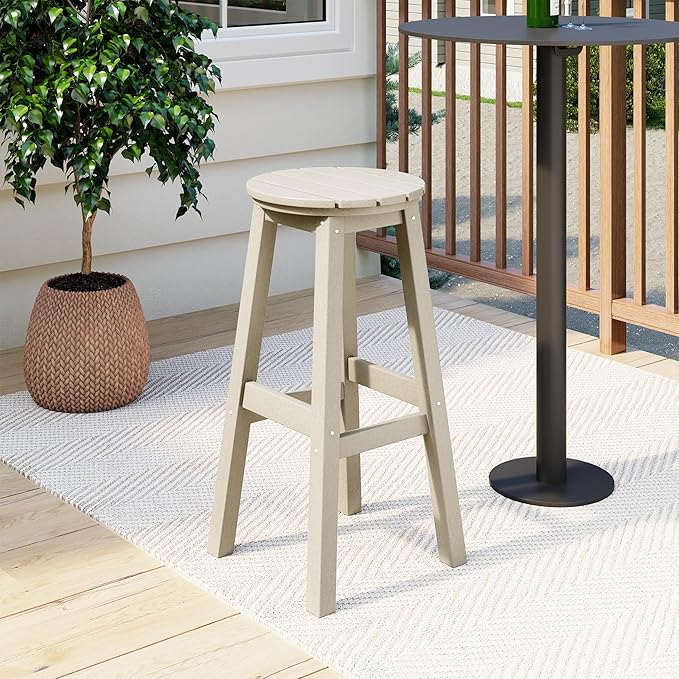 Costaelm 29" Height Outdoor Bar Stools, All-Weather Bar Stools, Adirondack Poly Patio Round Bar Stool for Patio, Deck, Kitchen Counter and Garden, Sand