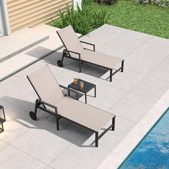 PURPLE LEAF Patio Chaise Lounge 4 Pieces Aluminum Recliner Chair with Wheels and Armrests Lounger for Lawn Backyard Beige Outdoor Lounge Chair