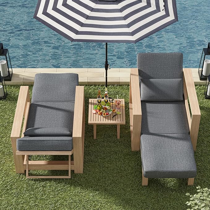 HULALA HOME Outdoor Chaise Lounges Set of 2, Solid Wood Patio Lounge Chairs with Lumbar Pillow, Adjustable Reclining Poolside Lounge Chairs, Charcoal