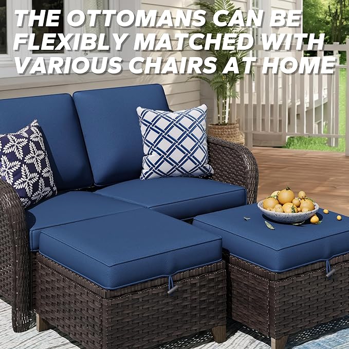 3 Pieces Patio sectional Sofa Set, Outdoor Conversation Furniture Set, 55" Patio Couch with 2 Ottomans, Rattan Wicker Sofa with Removable Cushions for Bistro, Deck (Navy Blue)