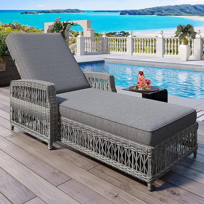 Outdoor Long Reclining Chaise, Wicker Lounge with Armrests, Patio Adjustable Recliner with Soft Removable Cushions - Photo 1