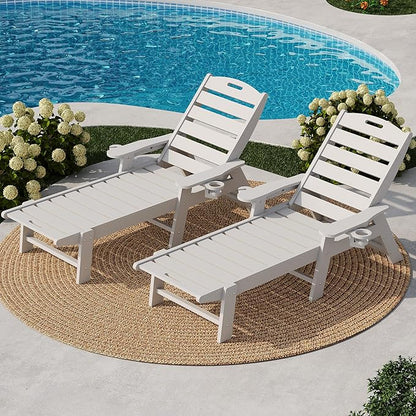 HDPE 5-Position Patio Lounge Chair for Outside Set of 2, HDPE Chaise Lounge Outdoor with Cup Holder, Resin Pool Lounger Chair