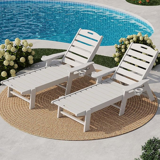 HDPE 5-Position Patio Lounge Chair for Outside Set of 2, HDPE Chaise Lounge Outdoor with Cup Holder, Resin Pool Lounger Chair