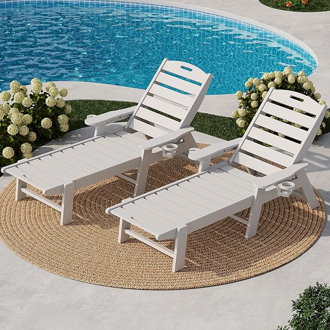 HDPE 5-Position Outdoor Chaise Lounge Chair with Cup Holder, Resin Pool Lounge Chair for Outside - Photo 1