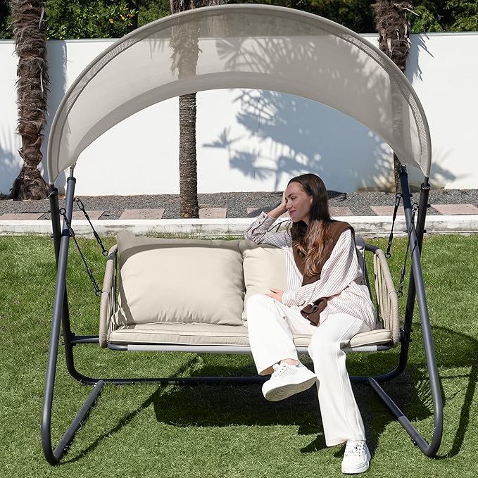 2-Seat Outdoor Porch Swing, Patio Swing with Canopy, Hanging Glider Bench with Thicken Cushions and Pillow - Photo 6