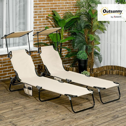 Outsunny Folding Chaise Lounge Pool Lounge Chairs Set of 2, Outdoor Sun Tanning Chairs with Canopy Shade, Reclining Back, Steel Frame and Side Pocket for Beach, Yard, Patio, Tan