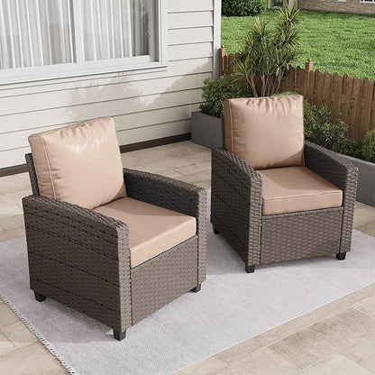 2 Pieces Patio Furniture Set, Outdoor Wicker Chairs Set of 2, All Weather High Back Rattan Chairs, Seating Club Chair Porch Chairs Set with Cushions for Balcony Porch Deck, Beige