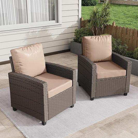 2 Pieces Patio Furniture Set, Outdoor Wicker Chairs Set of 2, All Weather High Back Rattan Chairs, Seating Club Chair Porch Chairs Set with Cushions for Balcony Porch Deck, Beige