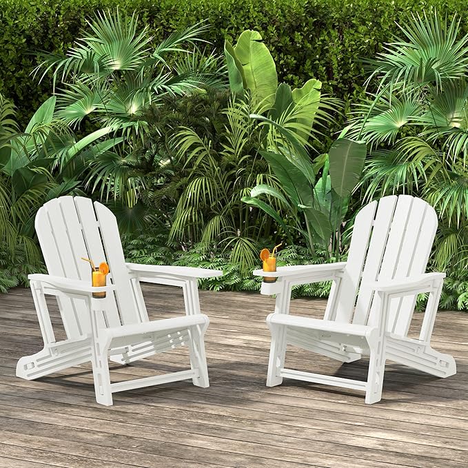 Costaelm Cayman Hardware-Free Assembly Outdoor Patio HDPE Poly Plastic Adirondack Chair with Cup Holder (Set of 2), White