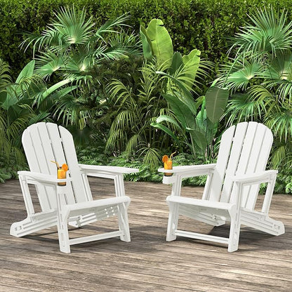 Costaelm Cayman Hardware-Free Assembly Outdoor Patio HDPE Poly Plastic Adirondack Chair with Cup Holder (Set of 2), White