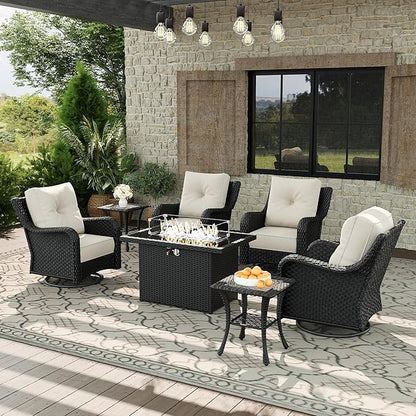 7 Piece Patio Furniture Set with Fire Pit Table, All-Weather Wicker Outdoor Conversation Set with Swivel Rocking Chair and 6 Inch Thick Cushions