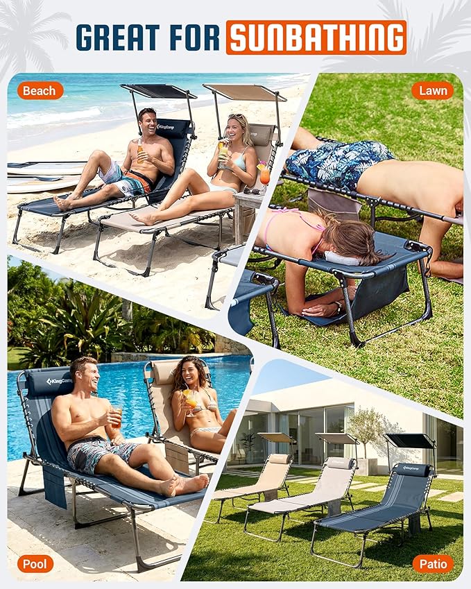KingCamp Lounge Chair with face Hole & Canopy Shade, 400LBS Folding Portable Tanning Chair with face Hole, Adjustable 5-Position Foldable Beach Sun Tanning Chair for Outside Beach Patio Outdoor Pool