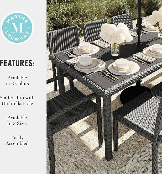Martha Stewart Bedford 71" Indoor-Outdoor Patio Table with Faux Wood Top and Rattan Wicker Finish in Brown