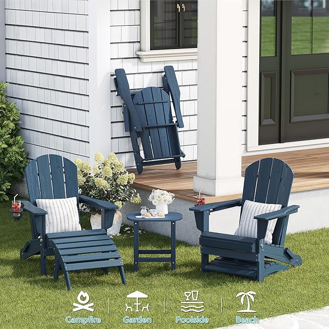 Outdoor Folding Adirondack Chair Set of 3 for Patio Fire Pit, Wooden Textured HDPE Adjustable Chairs with Cup Holder, Waterproof All Weather Resistant Plastic for Pool Lawn Garden Backyard(NavyBlue)