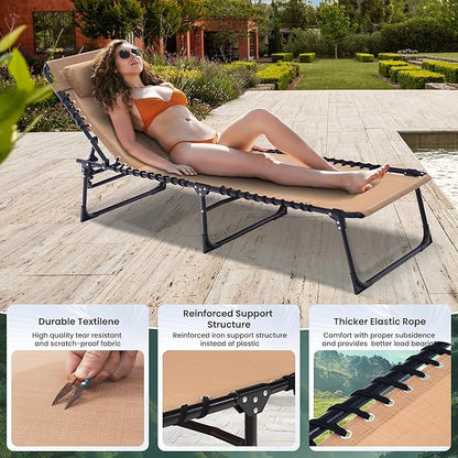 Outdoor Folding Chaise Lounge 5-Position Adjustable Recliner 400LB Heavy Duty Portable Patio Camping Beach Chair, Beige