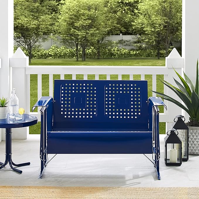 Crosley Furniture Bates Retro Metal Outdoor Loveseat Glider, 2-Person Rocking Patio Bench for Porch, Deck, Navy Gloss - Photo 7
