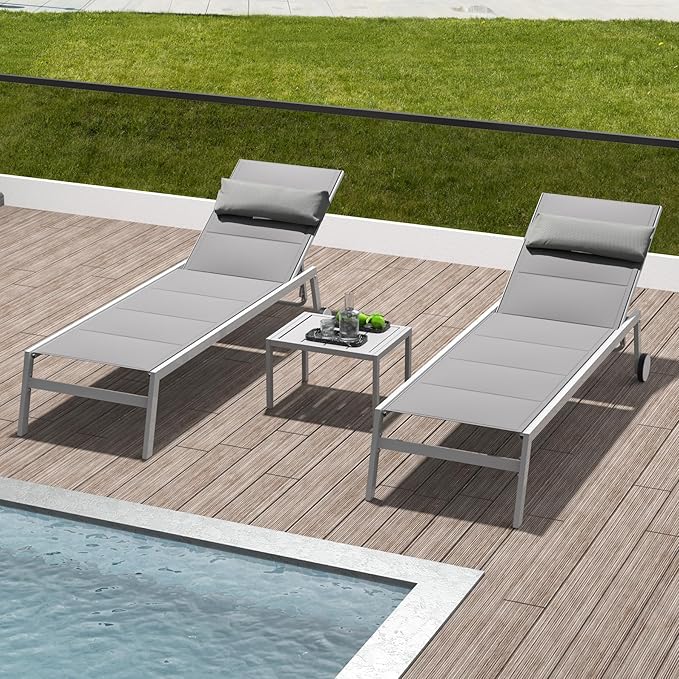 Domi Patio Chaise Lounge Set of 2 with Side Table, Adjustable Full Aluminum Pool Lounge for Outside with Wheels - Photo 1