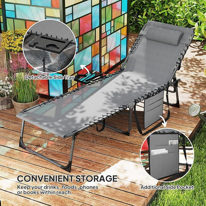 Outsunny Folding Chaise Lounge Chair Outdoor Tanning Chair with Side Table, 5-Level Adjustable Beach Lounge Chair with Headrest, Side Pocket for Patio, Backyard, Beach, Poolside, Gray
