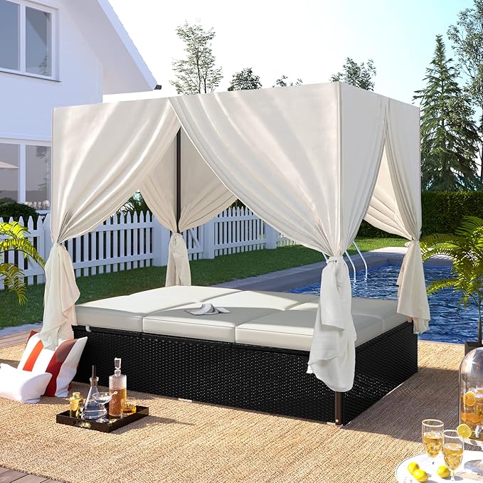 SOFTSEA Outdoor Rattan Daybed with Cushions and Adjustable Seats, Wicker Outdoor Sunbed for Yard Garden, Beige - Photo 3