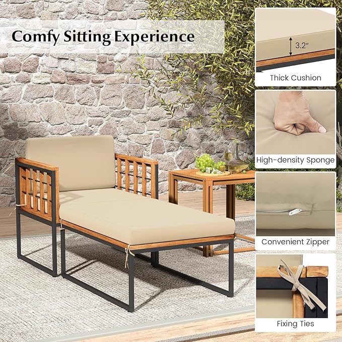 Tangkula Outdoor Chaise Lounge Chair, Acacia Wood Heavy Duty 1200 lbs Weight Capacity Wooded Patio Chair and Ottoman Set for Backyard, Poolside, Garden Deck or Balcony