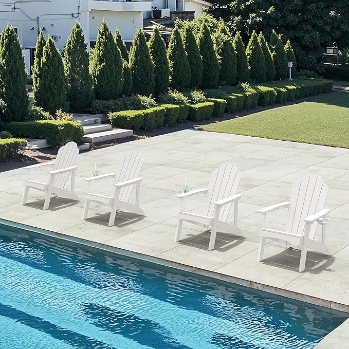 HDPE Adirondack Chairs Set of 2, Salt-Spray & Weather Resistant Outdoor Seating with Hidden Cup Holder for Porch, Poolside, Deck & Coastal Backyard, White