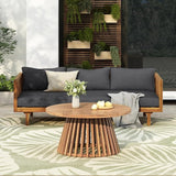 Merax Outdoor Acacia Wood Conversation Set - Patio 3-Seat Loveseat Sofa w/Coushion and Round Coffee Table for Backyard - Photo 2
