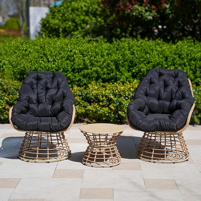 Swivel Chairs for Outside Patio Set of 3, 360° Swivel Pe Wicker Luxury Lounger Chair with 20" Side Table, Soft Cushion and Durable Frame, for Apartment Balcony, Patio, Porch, Yard (Black)