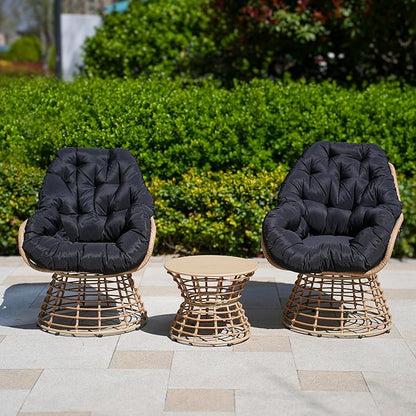 Swivel Chairs for Outside Patio Set of 3, 360° Swivel Pe Wicker Luxury Lounger Chair with 20" Side Table, Soft Cushion and Durable Frame, for Apartment Balcony, Patio, Porch, Yard (Black)