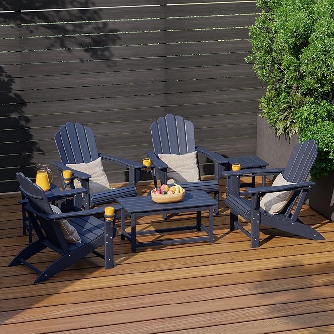 Costaelm Lakeview 7-Piece HDPE Outdoor Patio Furniture Adirondack Conversation Set, Navy Blue