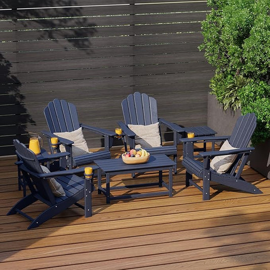Costaelm Lakeview 7-Piece HDPE Outdoor Patio Furniture Adirondack Conversation Set, Navy Blue