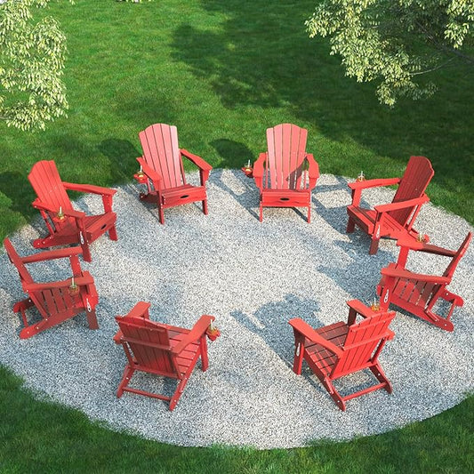 Folding Adirondack Chair Set of 8,HDPE All-Weather Outdoor Chair with Cup Holder,Wooden Textured,Fire Pit Chair,Plastic Patio Chair for Deck,Backyard,Garden,Lawn(Red)
