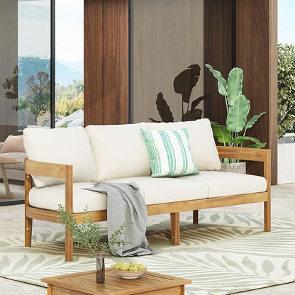 Merax 76.5" Outdoor Acacia Wood Frame 3 Seater Sofa with Cushions for Patio,Garden