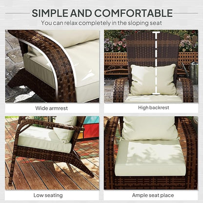 Outsunny Patio Wicker Adirondack Chair, Outdoor All-Weather Rattan Fire Pit Chair with Soft Cushions, Tall Curved Backrest and Comfortable Armrests for Deck or Garden, Mixed Brown/Cream White