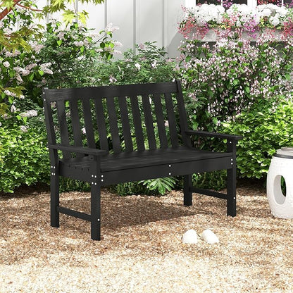 RELAX4LIFE 2-Person Patio Outdoor Bench - 52’’ All-Weather HDPE Garden Bench with Armrests & Slatted Backrest, Patio Bench for Front Porch Park Poolside Backyard, 705 LBS Weight Capacity (Black)