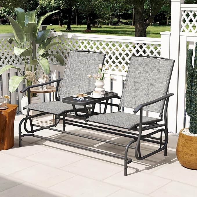 Tangkula 2 Person Swing Glider Chair, Patio Rocking Loveseat w/Center Tempered Glass Table - Photo 4