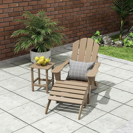 WO Home Furniture 3pc Set - HDPE Poly Adirondack Chair with Ottoman/Footrest and Square Side Table, All Weather and UV Resistant for Outdoor Patio Backyard, Garden, Weathered Wood