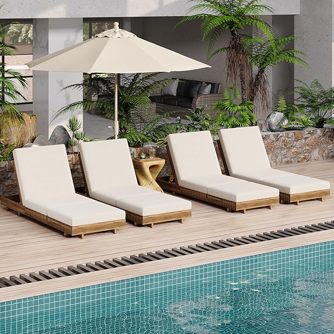Merax 4-Piece Acacia Wood Chaise Lounge Set w/ 6-Position Adjustable Backrest & Cushion - Outdoor Patio Poolside Furniture, Beige