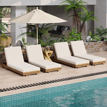 Merax 4-Piece Acacia Wood Chaise Lounge Set w/ 6-Position Adjustable Backrest & Cushion - Outdoor Patio Poolside Furniture, Beige