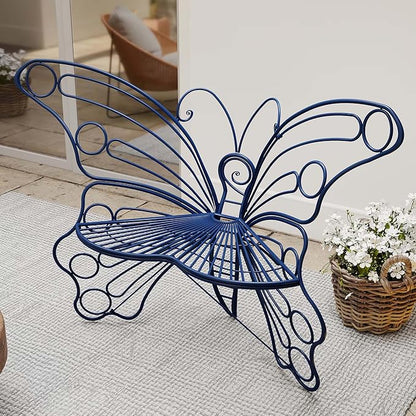 Navy Blue Cute Butterfly Benches for Outdoors, Pretty Garden Bench & 50" Metal Outside Bench, Front Porch Benches Outdoor with Sturdy Frame for Lawn Yard Balcony (Navy Blue)
