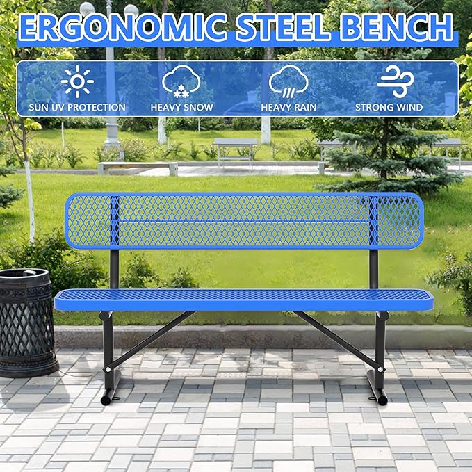 6ft Park Bench for Outside,Heavy Duty Patio Garden School Commercial Benches,Weatherproof Outdoor Bench Blue Metal Park Bench, Outdoor Steel Bench with Backrest,72.4x23.2x32.5inch